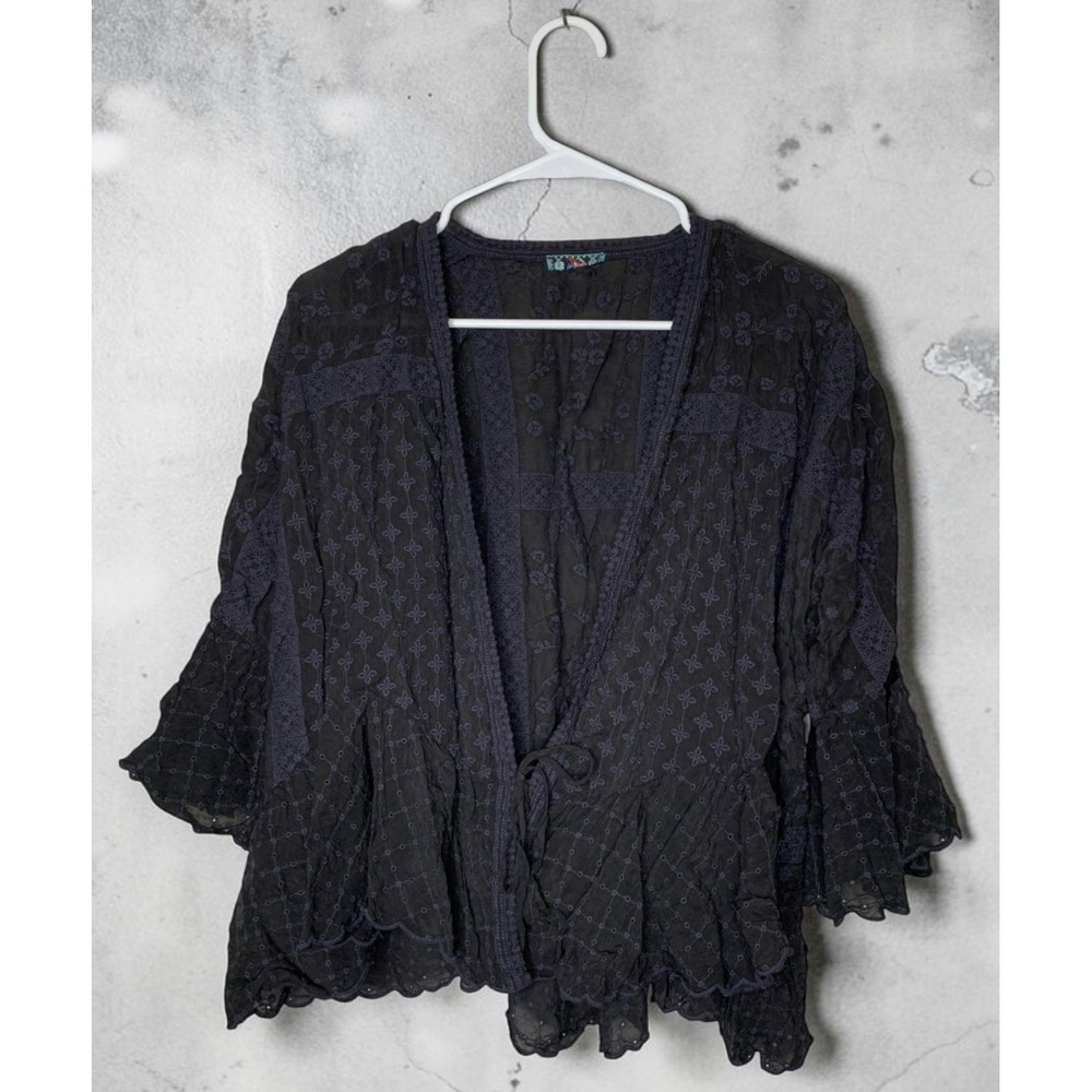 Johnny Was Floral Embroidered Front Tie Kimono Top Size S Boho Festival Witchy